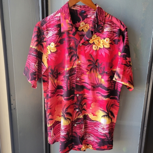 Design in Italy Luxury Mens Hawaiian Shirt Button Up Ocean Palm Sunset Red Med - Picture 6 of 9